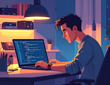 Developer coding with multiple programming languages on laptop, including Python, Jav 