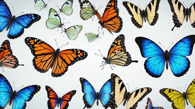 Collection of Diverse Butterflies in Various Colors and Patterns on a White Background
