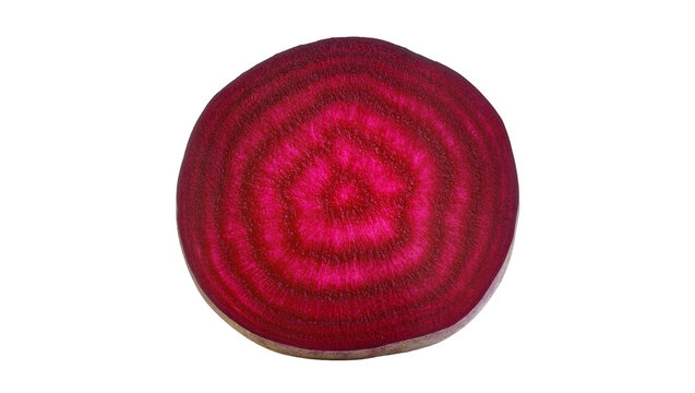 Isolated fresh vibrant red and pink beetroot slice, raw vegetable cross-section, healthy food.