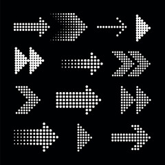 Collection of dotted arrows in various styles on a black background. Dotted arrows pointing in different directions. White dotted arrows for design use. Element vector set.