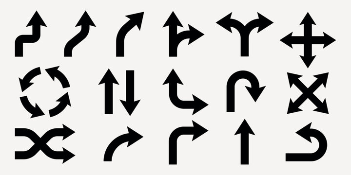 Collection of various black directional arrows on a light background, featuring straight, curved, and intersecting arrows in different orientations. Element vector set.