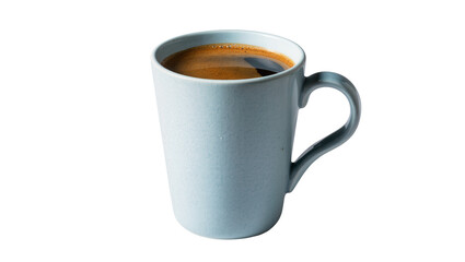 Isolated light blue ceramic mug filled with rich dark coffee, ideal for breakfast drink