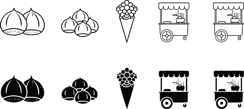 Street food and snack icons set with chestnuts ice cream cone food cart, minimalist line and silhouette fast food vector collection