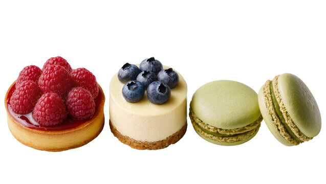 Isolated raspberry tart, blueberry cheesecake, and pistachio macarons arranged as gourmet desserts