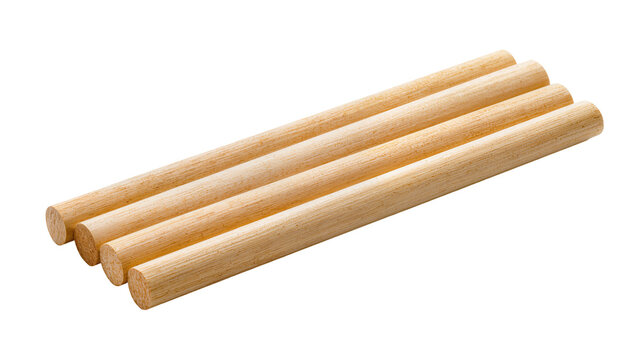 Isolated four wooden dowels, light wood sticks arranged diagonally, perfect for crafts and DIY projects