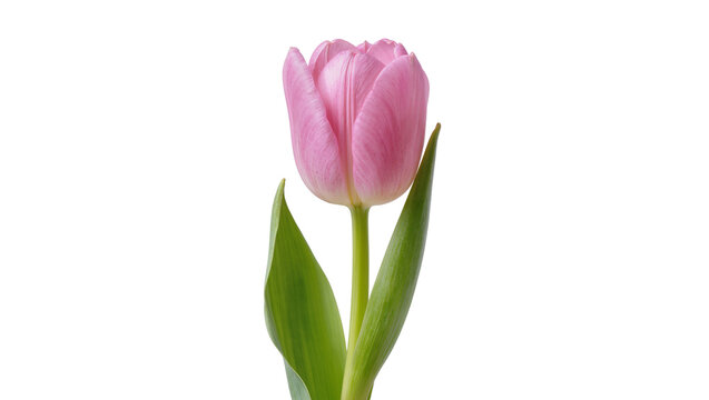 Isolated beautiful vibrant pink tulip flower with green stem and leaves, elegant spring blossom