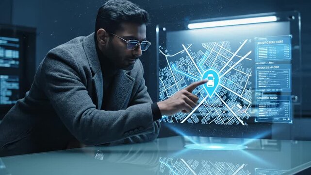 Man analyzes holographic city map with car location marker in office. Businessman studies digital map display. Man with holographic city navigation. Car tracking on digital map in futuristic lab.
