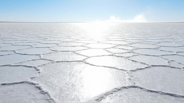 Expansive Salt Flats Under Bright Sunlight With Hexagonal Patterns and Clear Blue Sky