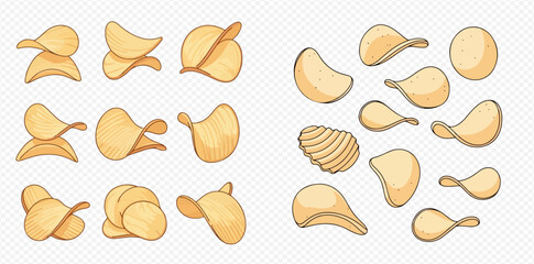 Set of crispy potato chips in various shapes, snack food vector illustration.