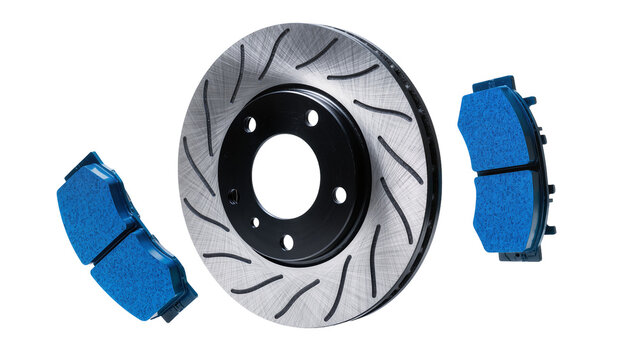 Isolated high-performance car brake rotor with blue racing brake pads for automotive parts