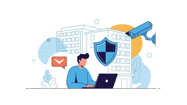 Professional man works on a laptop in a secure office environment with digital protection symbols and a surveillance camera monitoring the building.