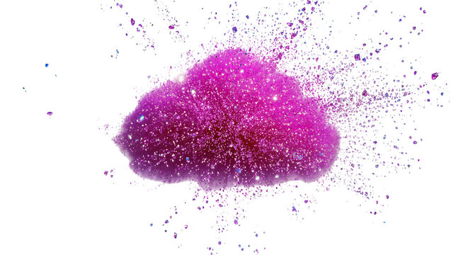 Isolated sparkling magenta powder forming a dynamic cloud shape with exploding particles