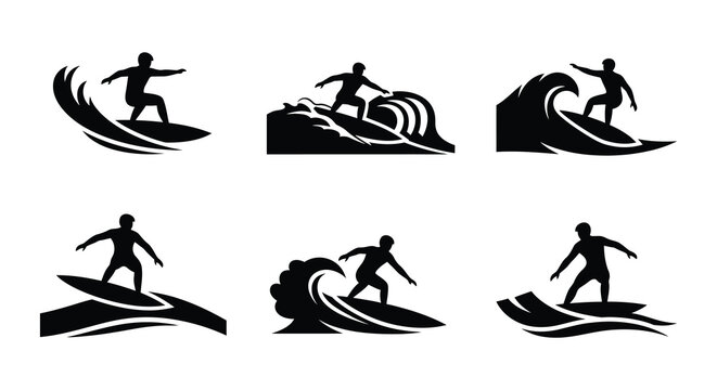 Black silhouettes of surfers riding ocean waves in various dynamic poses