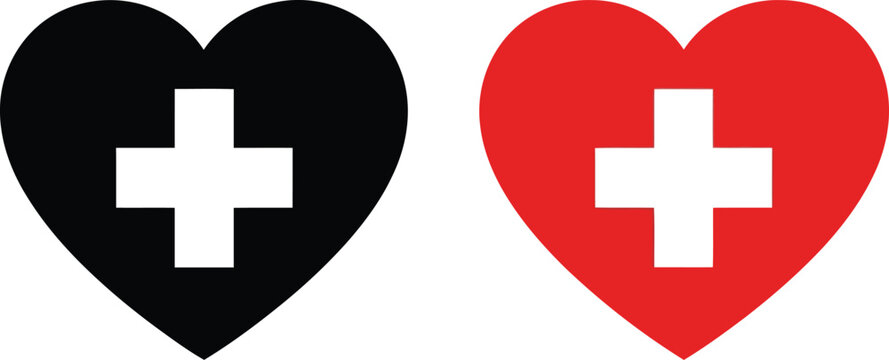 Two stylized heart icons featuring a white medical cross symbol on black and red backgrounds Vector