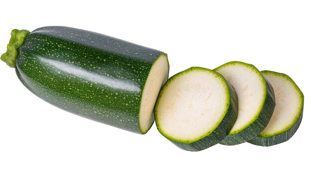 Isolated fresh green zucchini vegetable partially sliced into perfect healthy rounds