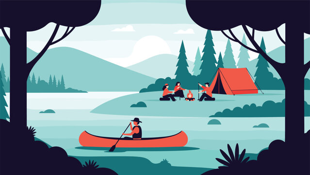 Friends enjoy a fun camping trip by a scenic lake with activities like canoeing and sitting by a campfire in a lush forest during the summer season.