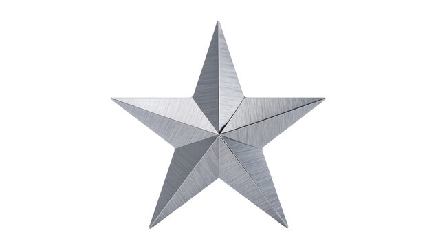 Isolated three dimensional brushed metal star with five points, shiny silver grey geometric symbol
