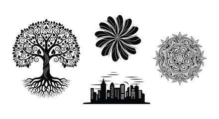 Fototapeta premium Black and white illustrations of trees flowers and a city skyline