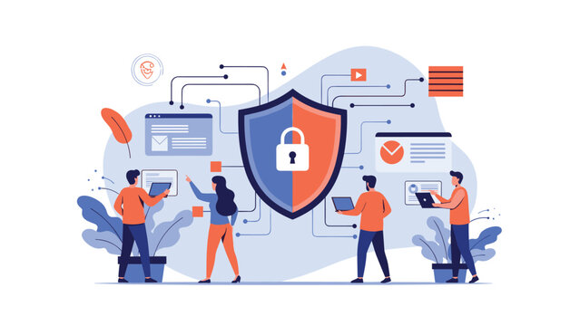 Cybersecurity team monitoring digital data protection and network safety around a large secure shield and padlock.