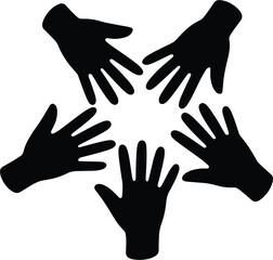 Fototapeta premium Five Black Hands Reaching Inward Forming Star Shape Silhouette vector illustration