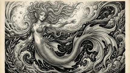 Fototapeta premium Mystical Mermaid Surrounded by Swirling Ocean Waves in Artistic Style