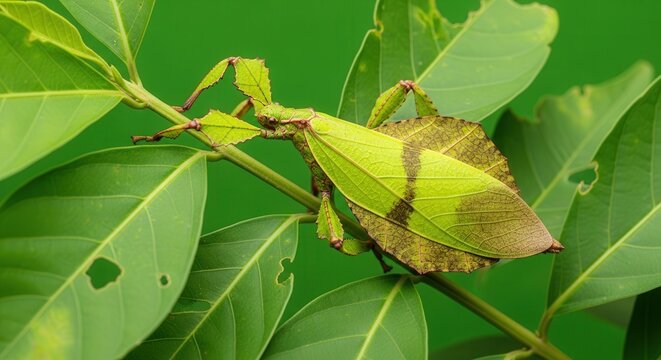 Close-Up of a Green Camouflage Leafhopper Insect on Vibrant Green Leaves