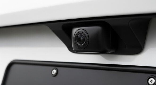 Rear View Backup Camera on White Car Trunk Lid with License Plate Area, Modern Automotive Technology for Safe Parking and Driving - Stock Photography