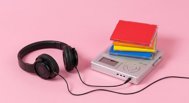 Retro Portable CD Player with Headphones and Stacked CDs Mockup on Pink Background, Nostalgic Music Listening Experience
