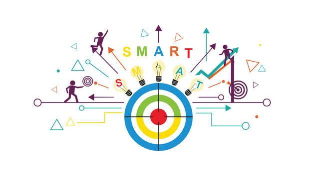 Colorful SMART goals diagram featuring a target, lightbulbs, and business people climbing toward specific objectives.
