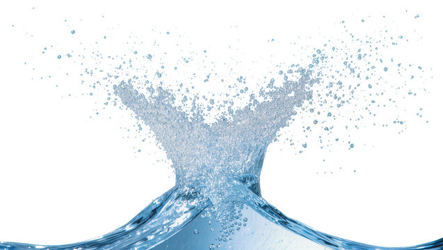 Isolated dynamic fresh clear water splash creating a beautiful wave with numerous airborne droplets