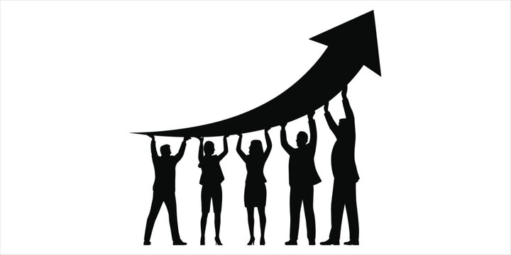 Silhouette of five business people holding up a rising graph arrow silhouettes group