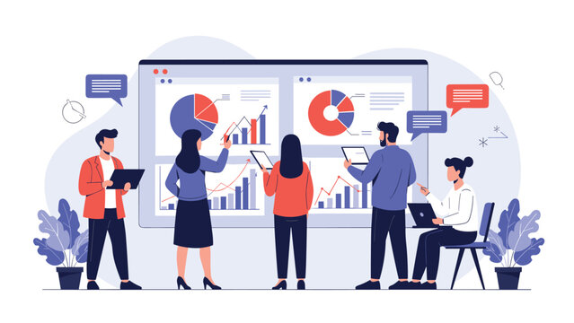 Diverse team of business analysts examining complex data charts and financial graphs on a large digital screen to develop a company growth strategy.