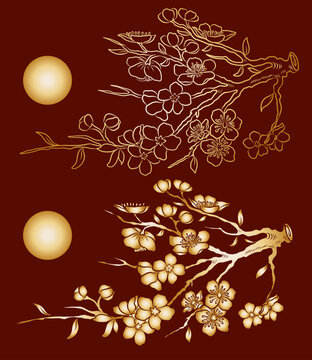 Free hand Sakura flower vector set, Beautiful line art Peach blossom isolate on white background.Cherry blossom illustration set.Element for weding card or printing on backdrop.