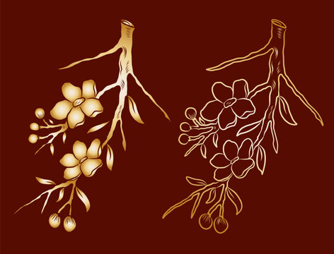 Free hand Sakura flower vector set, Beautiful line art Peach blossom isolate on white background.Cherry blossom illustration set.Element for weding card or printing on backdrop.
