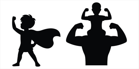 Silhouettes of a superhero child and a father with child on shoulders flexing muscles vector illustration © Mst