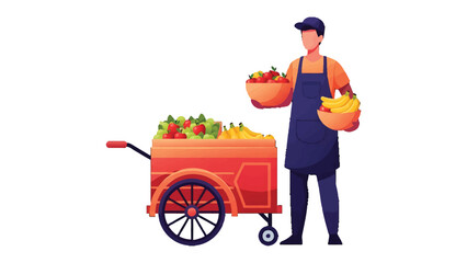 Fruit Vendor's Bounty: A vendor stands beside his vibrant fruit cart, showcasing a colorful array of fresh produce, ready to serve customers. © abidakhatun