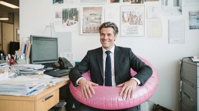 Businessman sitting at desk with inflatable ring around waist adding humor to serious office environment and illustrating work life imbalance burnout and playful irony