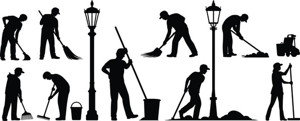 Silhouettes of street cleaners and lampposts performing various cleaning tasks Keywords: silhouette, cleaner, street cleaner © Mst