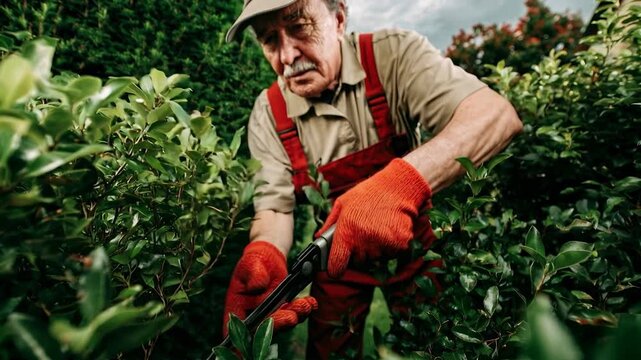 Senior gardener carefully tending lush green bushes in rural landscape demonstrating dedication patience agricultural expertise and sustainable farming lifestyle