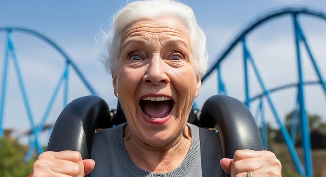 Elderly woman expresses intense excitement while riding an amusement park thrill ride