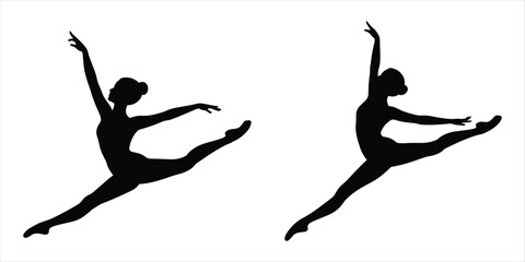 Two Ballet Dancers in Mid- Leap Silhouette Poses on White Background Keywords: ballet, dancer, silhouette, pose, leap, jump © Mst