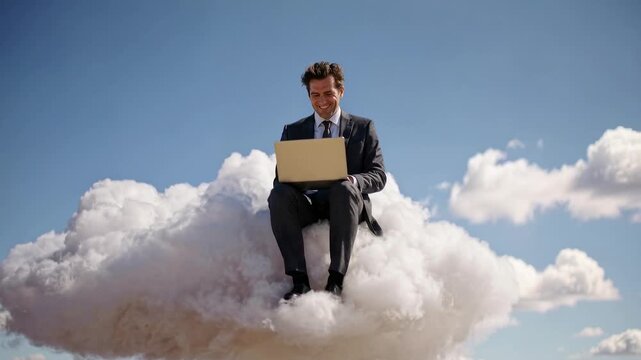 Ambitious executive working on laptop while seated on fluffy cloud against blue sky expressing dream big mindset digital freedom and visionary business thinking