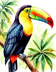 Fototapeta premium A toucan perched on a branch among foliage. Watercolor illustration of a bird portrait
