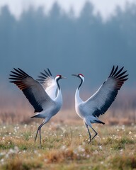 Obraz premium Two migratory birds engage in a courtship display in a field at dawn