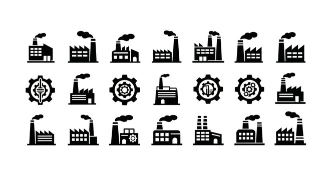 Minimalist flat vector illustration set of industrial factory icons arranged in a clean grid layout.