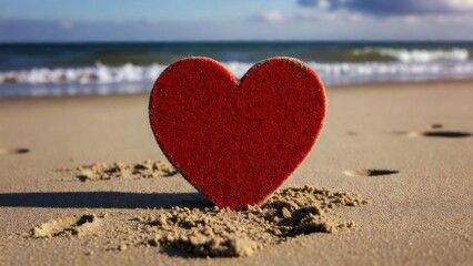 Fototapeta premium Red heart planted in beach sand with waves in background