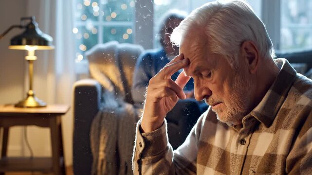 Senior man touches window watching rain while woman reads on sofa nearby. Elderly person contemplates at window during rain. Man watches rain through window. Senior at home on rainy day.