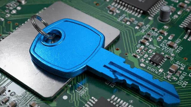 blue key on computer circuit board isolated on transparent background