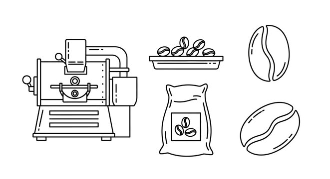 A collection of line art illustrations depicting various elements related to coffee roasting and production, including a roaster machine, coffee beans, and a bag of coffee.