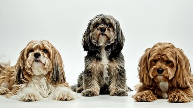 Three Adorable Fluffy Dogs Posing Together on White Background